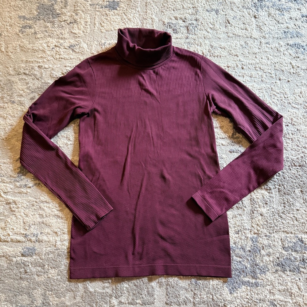 Athleta Shirt Womens Medium burgundy Turtleneck Long Sleeve Ribbed Stretch Knit